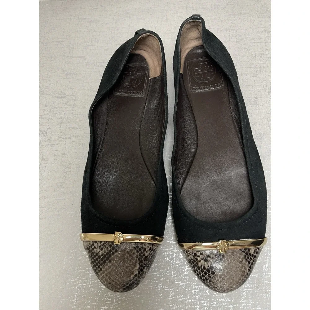 Tory Burch Pacey Suede Snakeskin Cap Toe Ballet Flats Loafers 9 M Preppy Office